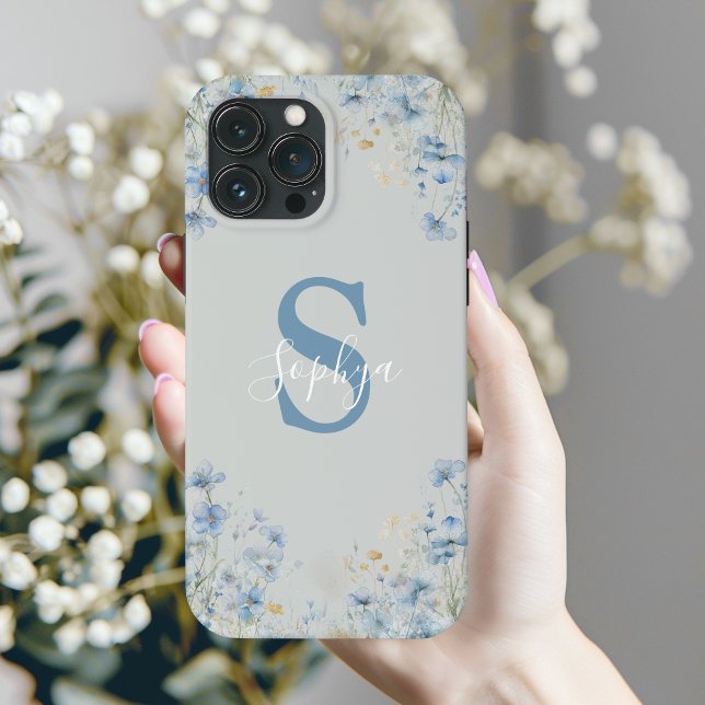 Personalisiertes Blaue-Blumen-Monogramm Case-Mate iPhone Hülle (Von Creator hochgeladen)
