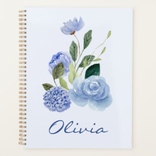 Personalisiertes blaues Aquarell-Blumen-Spiral-Tag Planer