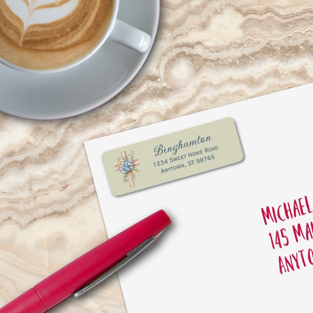 Personalisiertes blaues Blumenkreuz (Watercolor Blue Floral Cross Personalized Label
)