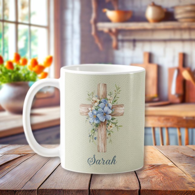 Personalisiertes blaues Blumenkreuz Kaffeetasse (Watercolor Blue Floral Cross Personalized Coffee Mug
)