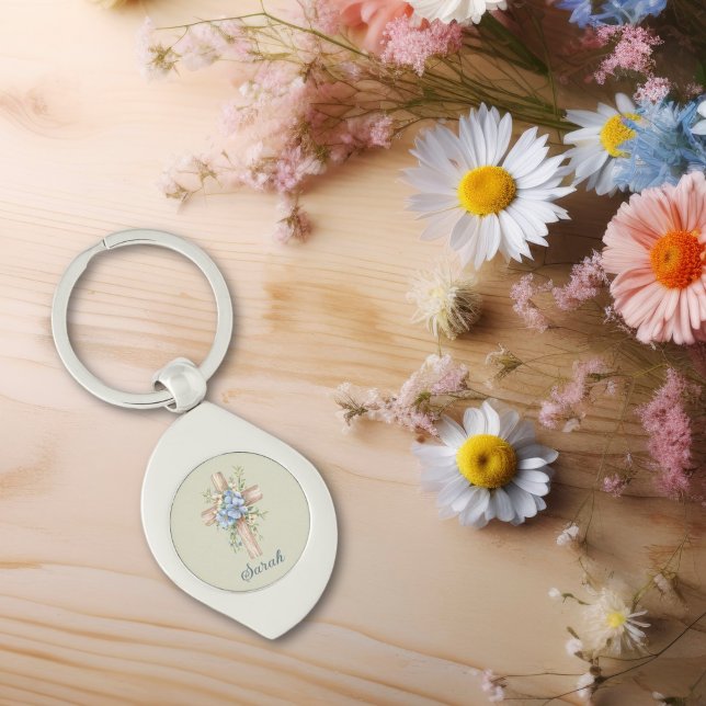 Personalisiertes blaues Blumenkreuz Schlüsselanhänger (Watercolor Blue Floral Cross Personalized Keychain
)
