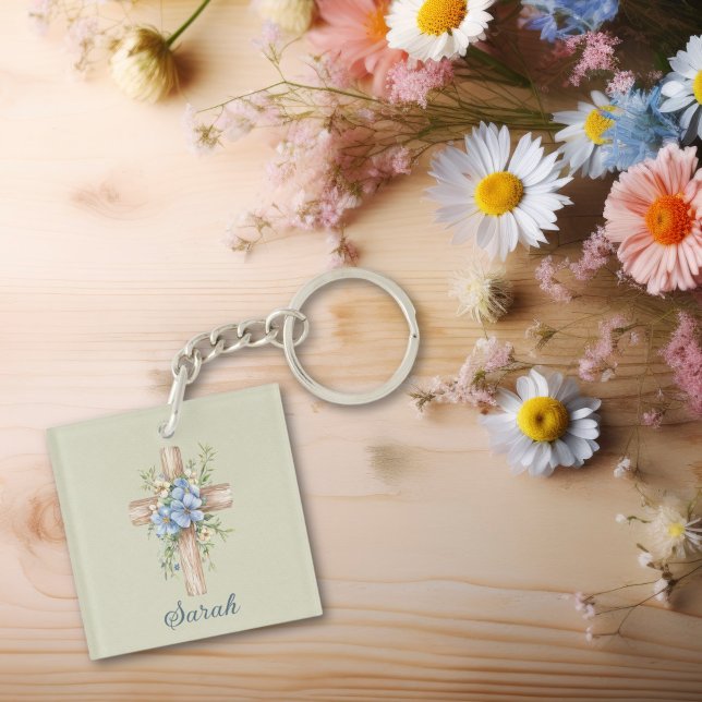 Personalisiertes blaues Blumenkreuz Schlüsselanhänger (Watercolor Blue Floral Cross Personalized Keychain
)