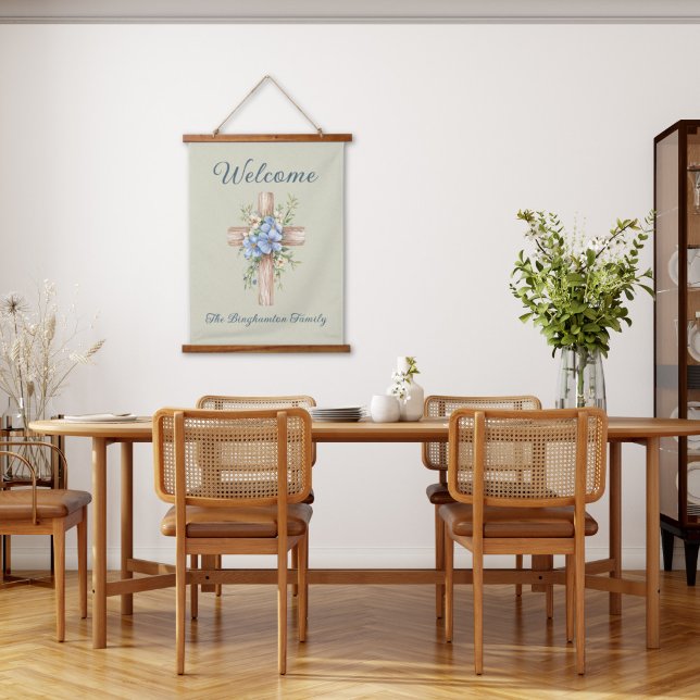 Personalisiertes blaues Blumenkreuz Wandteppich Mit Holzrahmen (Watercolor Blue Floral Cross Personalized Hanging Tapestry
)