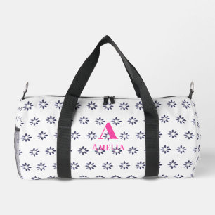 Personalisiertes blaues Blumenmuster mit rosa Mono Duffle Bag