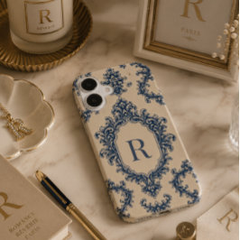 Personalisiertes blaues Damast-Monogramm iPhone 16 Hülle