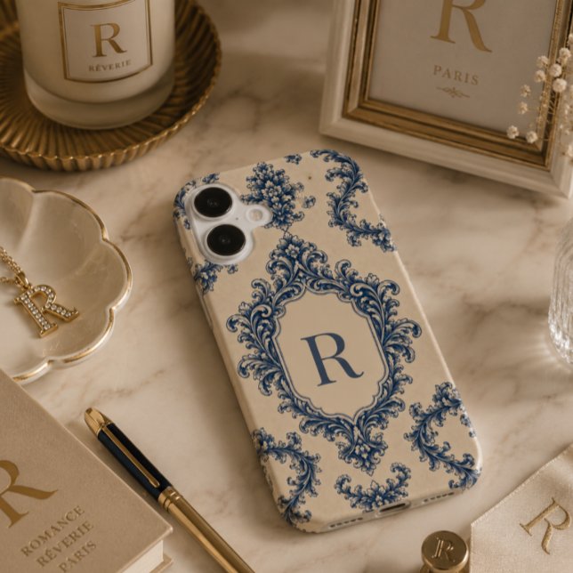Personalisiertes blaues Damast-Monogramm Case-Mate iPhone Hülle (Von Creator hochgeladen)