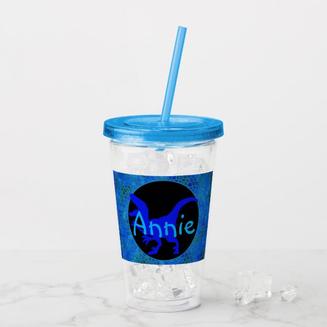 Personalisiertes blaues Dinosaurier-Hide  Acryltrinkbecher (Rückseite Ice)