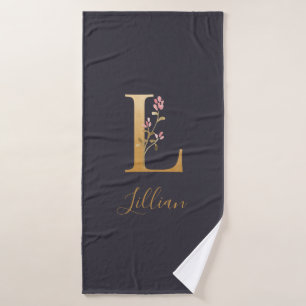 Personalisiertes blaues Elegant Floral Monogram L  Badehandtuch