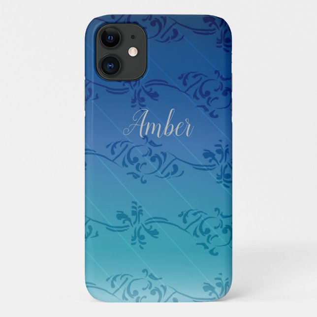 Personalisiertes blaues Gradient-Leaf-Muster Case-Mate iPhone Hülle (Rückseite)