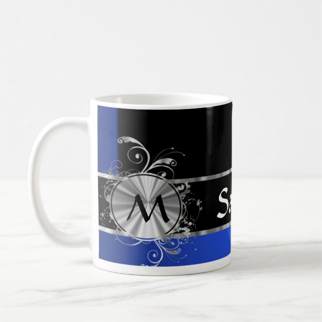 Personalisiertes blaues Schwarz- und Tasse (Links)