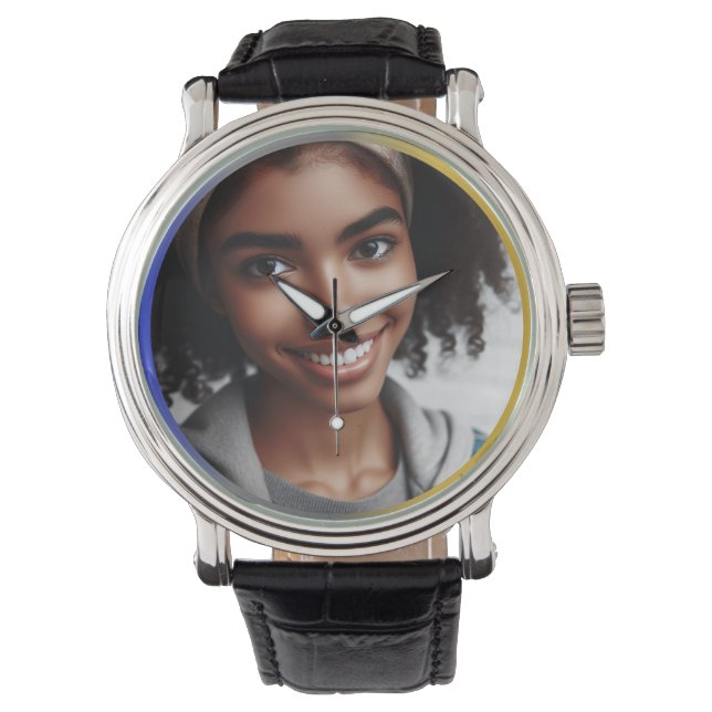 Personalisiertes blaues Silber, goldfarbiges Foto Armbanduhr (Vorderseite)