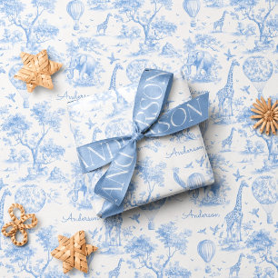 Personalisiertes blaues Toile-Safari-Baby-Shower-G Geschenkpapier