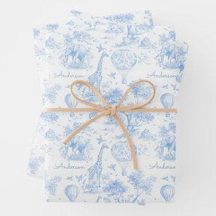 Personalisiertes blaues Toile-Safari-Baby-Shower-G Geschenkpapier Set