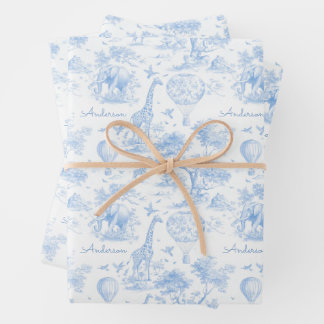 Personalisiertes blaues Toile-Safari-Baby-Shower-G Geschenkpapier Set