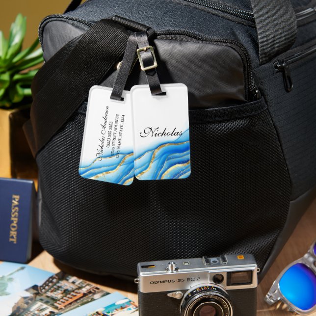 Personalisiertes blaues und goldenes Gepäckanhänge Gepäckanhänger (Vorderseite & Rückseite)