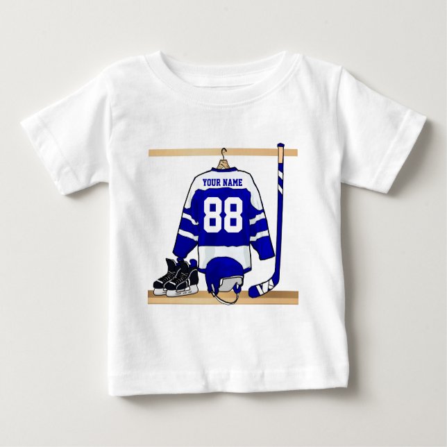 Personalisiertes blaues und weißes Eis-Hockey Baby T-shirt (Vorderseite)