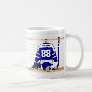 Personalisiertes blaues und weißes Eis-Hockey Kaffeetasse