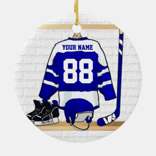 Personalisiertes blaues und weißes Eis-Hockey Keramikornament