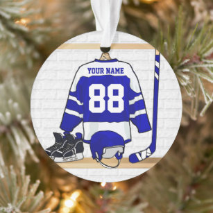 Personalisiertes blaues und weißes Eis-Hockey Ornament