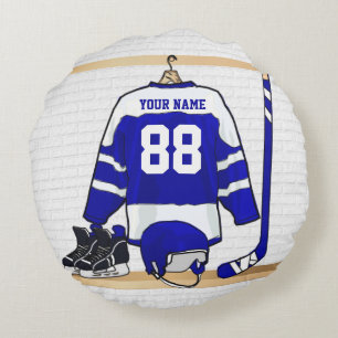 Personalisiertes blaues und weißes Eis-Hockey Rundes Kissen