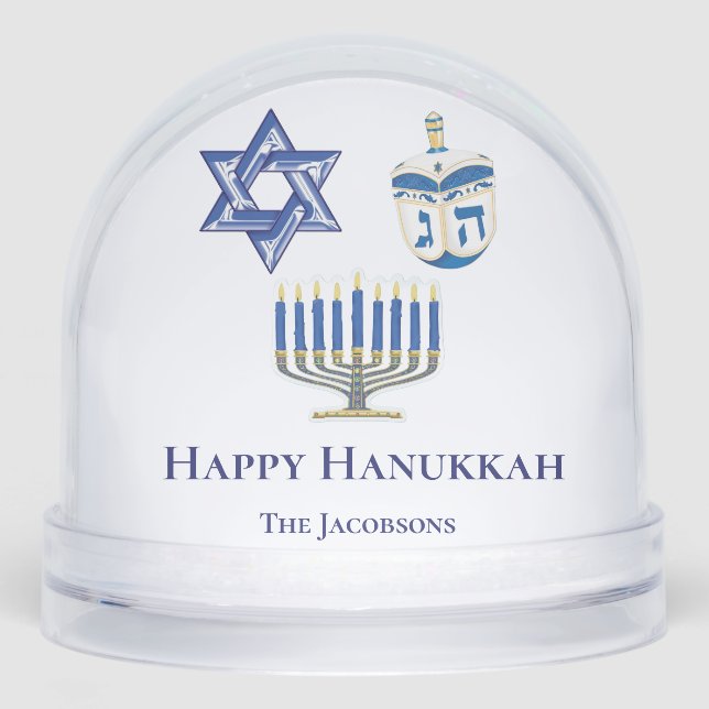 Personalisiertes blaues und weißes Glück Hanukkah Schneekugeln (Vorderseite)