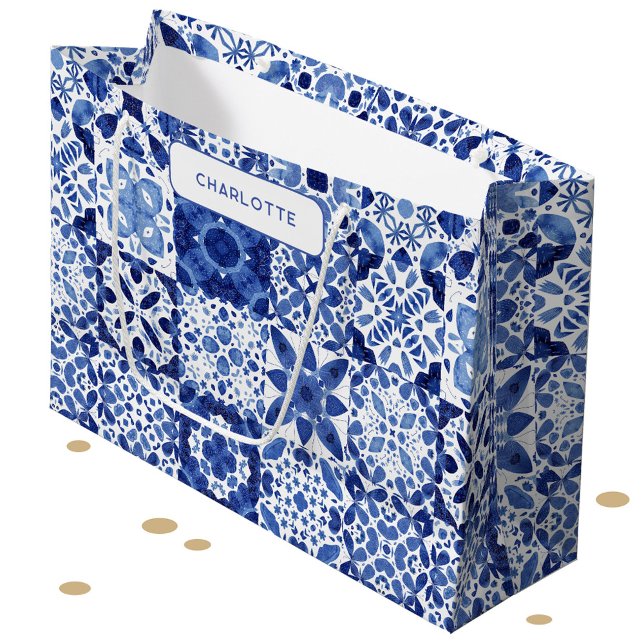 Personalisiertes blaues und weißes Mittelmeer Große Geschenktüte (Mediterranean blue and white tile pattern personalized name gift bag)