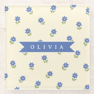Personalisiertes blaues Wildblumen-Muster Namensge Glasuntersetzer