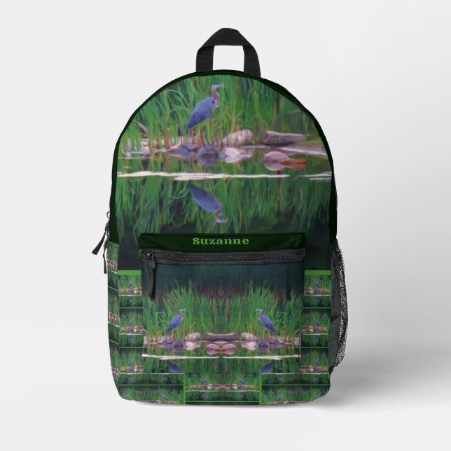 Personalisiertes Blauheron-Naturgemälde Bedruckter Rucksack (Vorderseite)