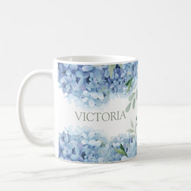 Personalisiertes Blaulauchblauer Hydrangea Kaffeetasse (Links)