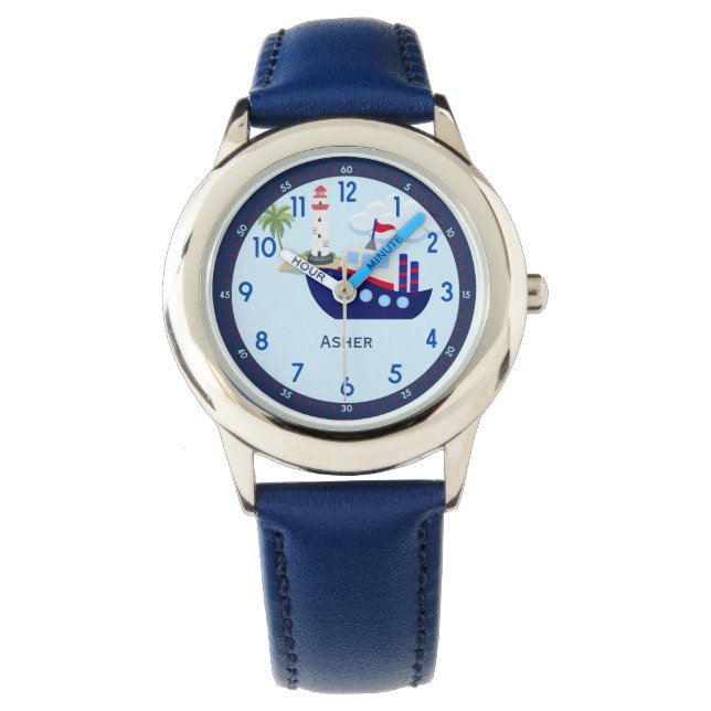 Personalisiertes Blue Boat lernen, die Zeit zu erz Armbanduhr (Vorderseite)