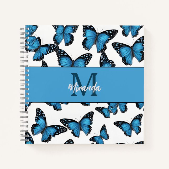 Personalisiertes Blue Butterfly Monogram Sketchboo Notizbuch (Vorderseite)