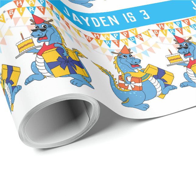 Personalisiertes Blue Dragon Birthday Wrapping Pap Geschenkpapier (Rolleneckpunkt)