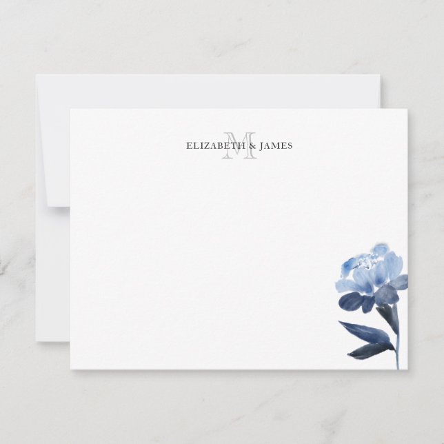 Personalisiertes Blue Floral Initial Monogram Mitteilungskarte (Vorderseite)
