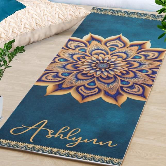 Personalisiertes Blue & Gold Mandala Doppelseitige Yogamatte (Add your own name to personalize this elegant blue & gold mandala yoga mat. This mat is double sided)