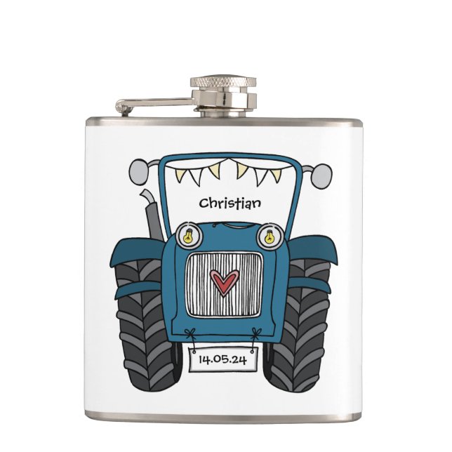 Personalisiertes Blue Tractor Country Wedding-Gesc Flachmann (Vorderseite)