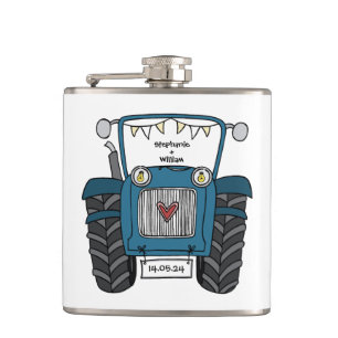 Personalisiertes Blue Tractor Country Wedding-Gesc Flachmann