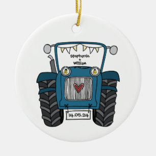Personalisiertes Blue Tractor Country Wedding-Gesc Keramik Ornament