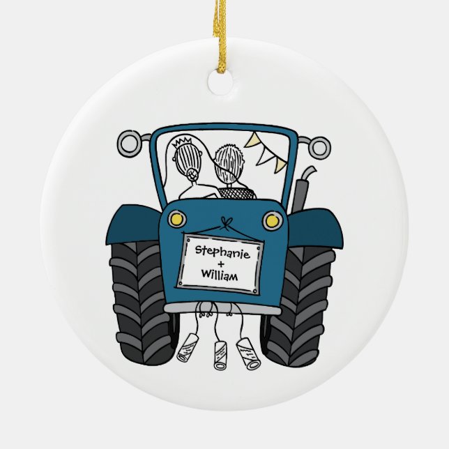 Personalisiertes Blue Tractor Country Wedding-Gesc Keramik Ornament (Hinten)
