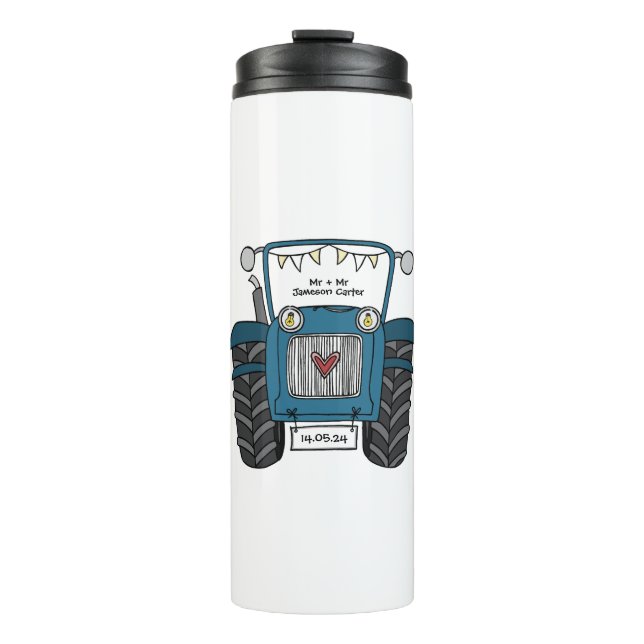 Personalisiertes Blue Tractor Country Wedding-Gesc Thermosbecher (Vorderseite)