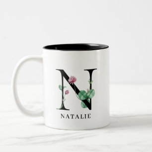Personalisiertes Blumenalphabet N Monogramm Zweifa Zweifarbige Tasse