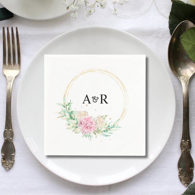 Personalisiertes Blumengrün-Crosspapier Serviette (Personalized floral greenery circle wedding paper napkins add fresh elegance to wedding receptions.)