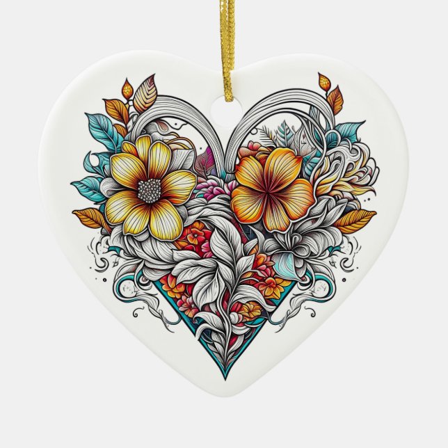 Personalisiertes Blumenherz mit Sentimental-Nachri Keramik Ornament (Vorne)
