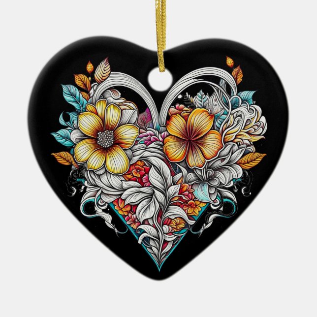Personalisiertes Blumenherz mit Sentimental-Nachri Keramik Ornament (Vorne)