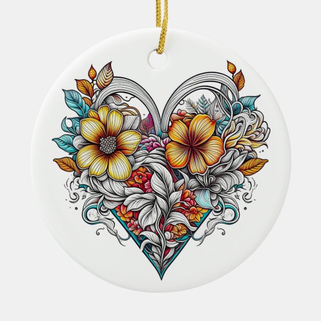 Personalisiertes Blumenherz mit Sentimental-Nachri Keramik Ornament (Vorne)