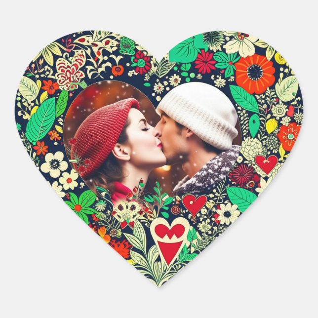 Personalisiertes Blumenherz Rahmen Romantisches Ge Herz-Aufkleber (Vorderseite)
