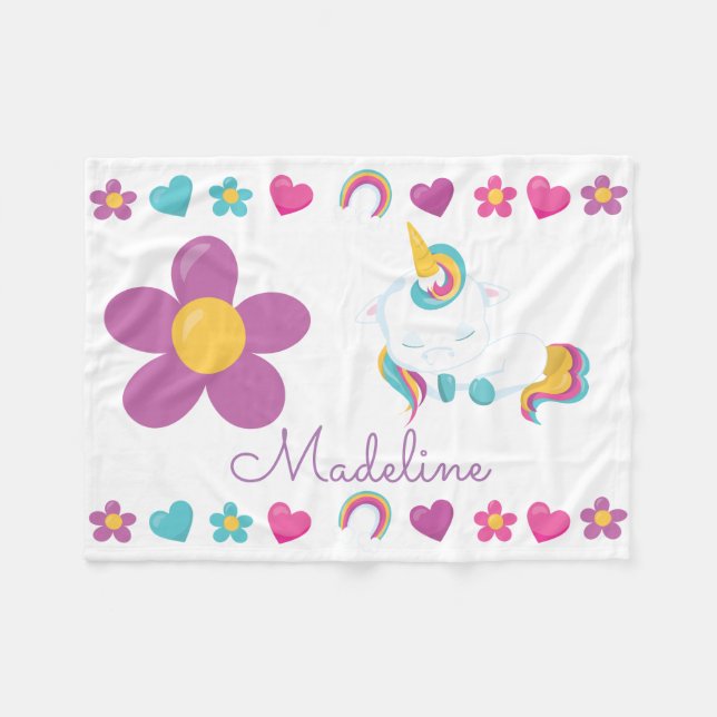 Personalisiertes Blumenschläfchen Baby Unicorn Fleecedecke (Vorderseite (Horizontal))