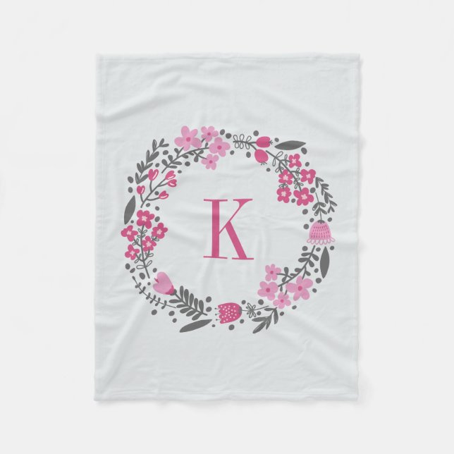 Personalisiertes Blumenwreath-u. Monogramm-rosa Fleecedecke (Vorderseite)