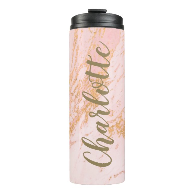 Personalisiertes Blush- und Gold-Marmormuster Thermosbecher (Vorderseite)