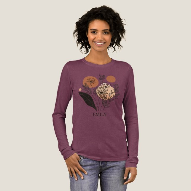 Personalisiertes Boho-Botanik-Langarmshirt | Mo Tri-Blend Shirt (Volle Vorderseite)