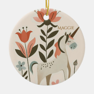Personalisiertes Boho-Einhorn-Wildblume Keramik Ornament